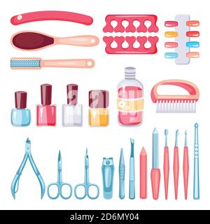 Ensemble de manucure, d'outils de pédicure et de cosmétiques. Illustration de dessin animé vectoriel. Produits de soins pour les ongles, les mains et les pieds isolés sur fond blanc. Illustration de Vecteur