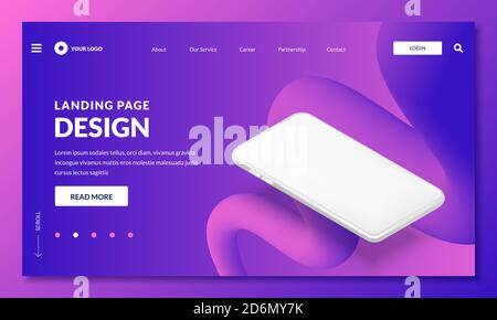 Page d'arrivée, modèle de conception de bannière Web. Illustration isométrique 3d réaliste avec écran blanc pour smartphone, maquette pour interface mobile. Vector Lvous Illustration de Vecteur