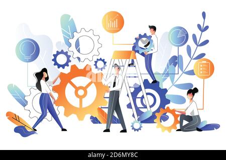 Les jeunes construisent une construction abstraite à partir de fûts d'engrenage multicolores, métaphore d'affaires. Illustration vectorielle de style plat. Développement, travail d'équipe et partie Illustration de Vecteur
