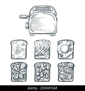 Grille-pain et divers toppers sur du pain grillé. Petit déjeuner de cuisine, illustration vectorielle. Recettes et ingrédients pour de délicieux toasts. Rés Illustration de Vecteur