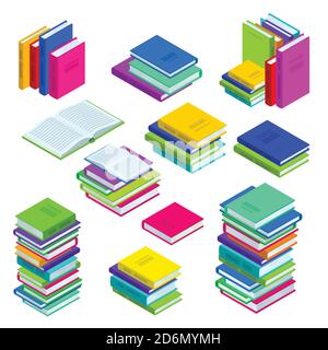 Livres ouverts et fermés et livres empilés. Ensemble d'icônes isométriques vectorielles multicolores. Symboles de bibliothèque, d'étude et d'éducation. Illustration de Vecteur