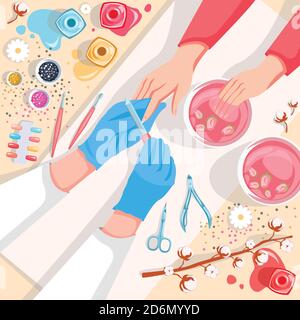 Manucure, soins des mains et des ongles vue du dessus illustration vectorielle. Salon de beauté et procédure spa. Une jeune fille fait une manucure dans le salon Illustration de Vecteur