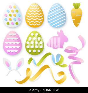 Ensemble de Pâques en 3d avec œufs, rubans et lapins coupés en papier. Vector Holiday Craft éléments de design faits main sur fond blanc. Illustration de Vecteur