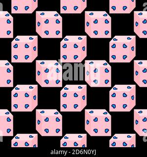 Dés aux coeurs, motif sans couture sur fond noir. Illustration de Vecteur