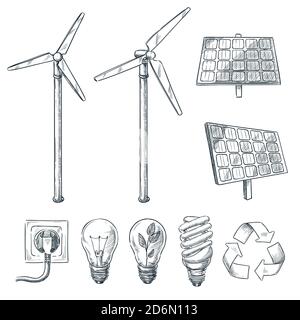 Énergies renouvelables et écologiques de remplacement. Illustrations vectorielles dessinées à la main. Symbole du générateur d'énergie éolienne et de la batterie solaire isolé sur le rétrogr blanc Illustration de Vecteur
