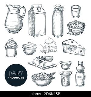 Ensemble de produits frais de ferme laitière. Illustration d'esquisse vectorielle dessinée à la main. Bouteille de lait, fromage cottage, paquet de yaourt, icônes de beurre. Illustration de Vecteur