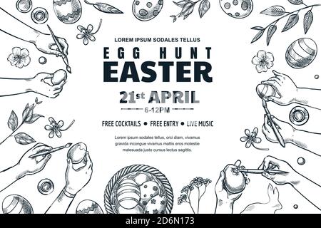 Affiche des vacances de Pâques. Illustration vectorielle de l'atelier d'art pour enfants dans la vue de dessus. Bannière horizontale pour chasse aux œufs ou présentation de la circulaire. Enfants peinture Pâques Illustration de Vecteur