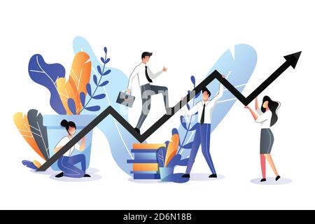 Concept de partenariat et de soutien aux entreprises. Illustration vectorielle à plat tendance. Homme d'affaires avec mallette monte sur le graphique de croissance tenue par équipe. Illustration de Vecteur
