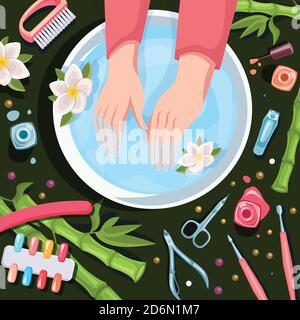 Mains de femme dans un bol avec de l'eau propre, illustration de dessin animé vectoriel de vue de dessus. Soins spa, manucure et détente. Salon de beauté soins des mains et des ongles. Illustration de Vecteur