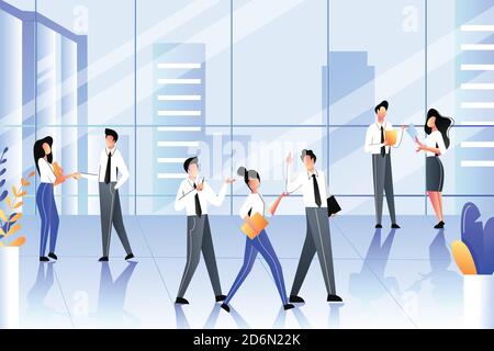 Personnes d'affaires dans un bâtiment moderne de bureau d'entreprise. Communication avec l'équipe, réunions et processus de travail. Illustration vectorielle à plat tendance. Illustration de Vecteur