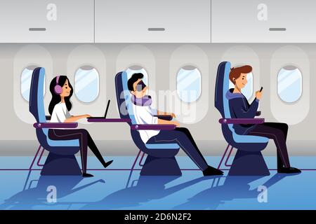 Les gens voyagent en avion en classe économique. Intérieur de l'avion avec passagers dormant et travaillant. Illustration de dessin animé à plan vectoriel. Illustration de Vecteur