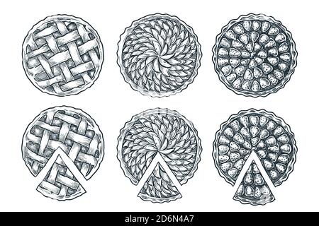 Tarte en treillis cuite fraîche, isolée sur fond blanc. Éléments de conception de menu de boulangerie dessin manuel vectoriel. Tarte aux pâtisseries sucrées, top vie Illustration de Vecteur