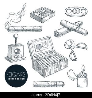 Cigares cubains et accessoires vecteur vintage dessin illustration. Tabac fumer icônes dessinées à la main ensemble, isolé sur fond blanc. Illustration de Vecteur