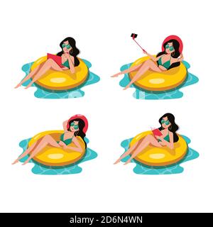 Bonne jeune femme nageant sur un anneau gonflable jaune dans la piscine. Jeu d'illustrations vectorielles de dessins animés à plat, isolées sur fond blanc. Plage d'été Illustration de Vecteur