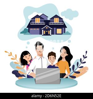 Bonne famille jeune avec deux enfants à la recherche d'une nouvelle maison à acheter ou à louer. Realty prêt et hypothèque, illustration de dessin animé à plat vectoriel. Propriété en ligne sear Illustration de Vecteur