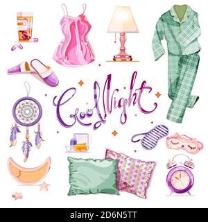 Collection d'éléments de décoration pour le coucher et la chambre, isolée sur fond blanc. Illustration de dessin animé vectoriel. Bonne nuit calligraphie lettrage et sommeil Illustration de Vecteur