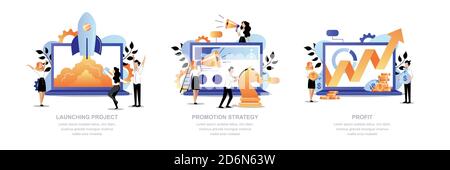 Promotion de projet et stratégie de marketing numérique. L'équipe de personnes créatives lance le démarrage, promeut et obtient des bénéfices. Dessin animé vectoriel plat t Illustration de Vecteur