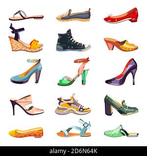 Ensemble de chaussures élégantes à la mode pour femmes avec icônes et éléments de design. Illustration de dessin animé vectoriel. Collection de chaussures tendance été, automne et printemps, isoler Illustration de Vecteur