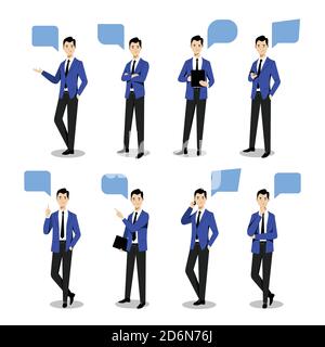 Le jeune homme d'affaires se pose dans différentes poses, sur fond blanc. Illustration vectorielle plate. Personnage de dessin animé homme bleu, éléments de conception isolés.