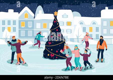 Les jeunes heureux patinent sur la patinoire autour de l'arbre de Noël décoré. Illustration de dessin animé à plan vectoriel. Vacances du nouvel an et événements familiaux en plein air Illustration de Vecteur