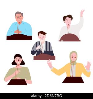 Débat de l'orateur parler personnes jeu de caractères collection blanc isolé fond avec stylet de couleur plat Illustration de Vecteur