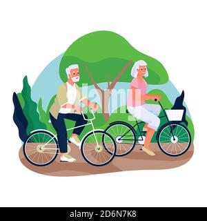 Un couple de personnes âgées fait du vélo dans la campagne. Illustration de dessin animé à écran plat vectoriel de loisirs en plein air au printemps ou en été. Concept de vie active et saine Illustration de Vecteur