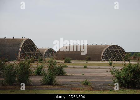 Des cintres abandonnés à l'ancienne base aérienne de RAF Woodbridge, dans la forêt de Rendlesham, Suffolk, au Royaume-Uni Banque D'Images