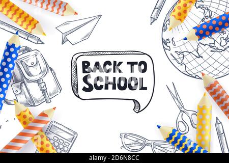 Affiche de vente de retour à l'école, modèle de conception de bannière. Illustration vectorielle 3d de crayons multicolores et fournitures scolaires sur fond blanc. Créat Illustration de Vecteur