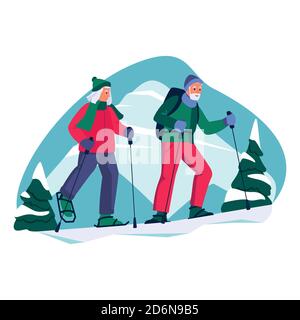 Couple de personnes âgées nordic marchant dans les montagnes. Illustration de dessin animé à écran plat vectoriel de loisirs en plein air en hiver. Concept de mode de vie sain et actif de sen Illustration de Vecteur