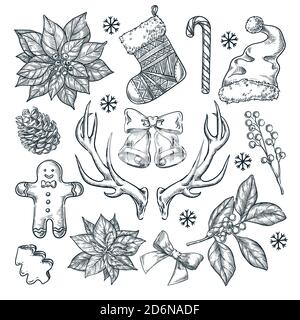 Décoration cadeau de Noël et du nouvel an. Illustration vectorielle dessinée à la main. Ensemble d'éléments de décoration et de design de vacances d'hiver, isolé sur fond blanc Illustration de Vecteur