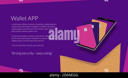 Application mobile E-Wallet. Toutes les cartes de crédit dans le portefeuille électronique mobile du smartphone. Modèle pour un site Web ou une bannière. Vecteur EPS10. Illustration de Vecteur