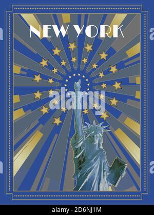 Statue polygonale de la liberté avec vue sur le devant et éclat coloré avec fond en forme d'étoile dorée de style art déco sur fond bleu arrière-plan de thème de couleur Banque D'Images