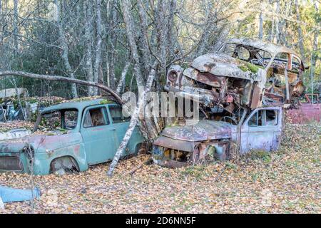 Cimetière automobile en automne en Suède Banque D'Images