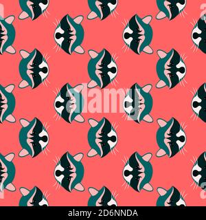 Tête de raton laveur, motif sans couture sur fond rouge. Illustration de Vecteur