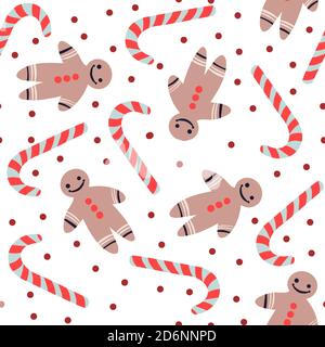 Motif infini nouvel an/Noël. Sur fond blanc : bonbons arc-en-ciel, biscuits d'homme au gingembre et points rouges. Banque D'Images