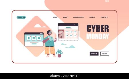 homme utilisant un smartphone choisir des marchandises dans la fenêtre du navigateur web en ligne acheter cyber monday big sale concept pleine longueur horizontale copie illustration du vecteur d'espace Illustration de Vecteur