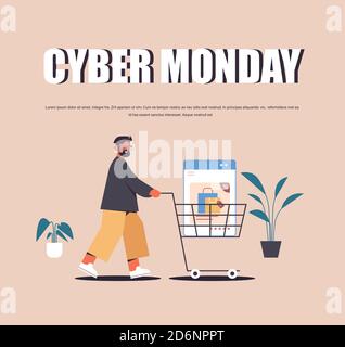 homme poussant la fenêtre de navigateur web dans chariot panier en ligne achats cyber monday solde rabais de vacances e-commerce concept pleine longueur copie illustration du vecteur d'espace Illustration de Vecteur