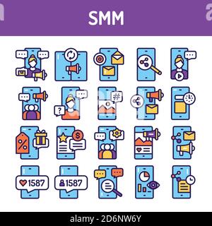 Jeu d'icônes de couleur de ligne de promotion des outils SMM. Elément vectoriel isolé. Illustration de Vecteur