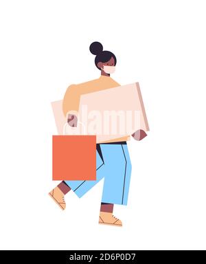 femme afro-américaine dans un masque de protection, courir avec des sacs de shopping vendredi noir grande vente promotion rabais coronavirus quarantaine concept complet illustration du vecteur vertical de longueur Illustration de Vecteur