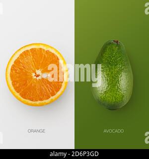 Orange et avocat isolés sur fond blanc et vert, collage Banque D'Images