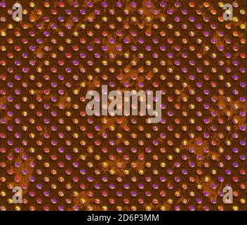 Fourrure de cheval brun foncé avec différentes taches marron clair et brillants brillants rouge, violet, jaune et orange. Motif sans couture Banque D'Images