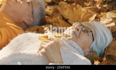 Couple âgé couché sur le sol forestier et jouant avec des feuilles jaunes d'automne. Amour et romance dans le vieux âge. Photo de haute qualité Banque D'Images