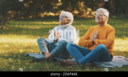 Concept de bien-être. Portrait d'un couple retraité senior heureux méditant dans le parc d'automne. Photo de haute qualité Banque D'Images