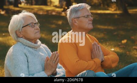 Concept de bien-être. Portrait d'un couple retraité senior heureux méditant dans le parc d'automne. Photo de haute qualité Banque D'Images