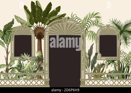 Bordure avec arbres tropicaux et ouvertures de portes dans un style de jardin. Imprimé intérieur tendance Illustration de Vecteur