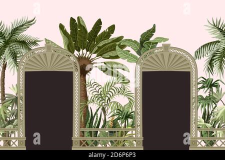 Bordure avec arbres tropicaux et ouvertures de portes dans un style de jardin. Imprimé intérieur tendance Illustration de Vecteur