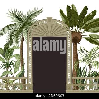 Bordure avec arbres tropicaux et ouvertures de portes dans un style de jardin. Imprimé intérieur tendance Illustration de Vecteur