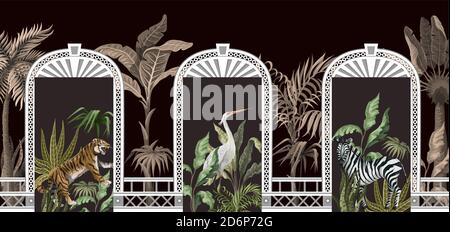 Bordure avec arbres tropicaux, animaux et ouvertures de portes dans un style de jardin. Imprimé intérieur tendance Illustration de Vecteur