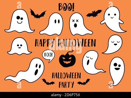 Fantômes d'Halloween, chauves-souris et citrouille, ensemble d'éléments de dessin vectoriels Illustration de Vecteur