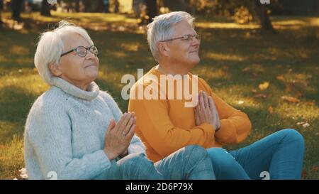 Concept de bien-être. Portrait d'un couple retraité senior heureux méditant dans le parc d'automne. Photo de haute qualité Banque D'Images